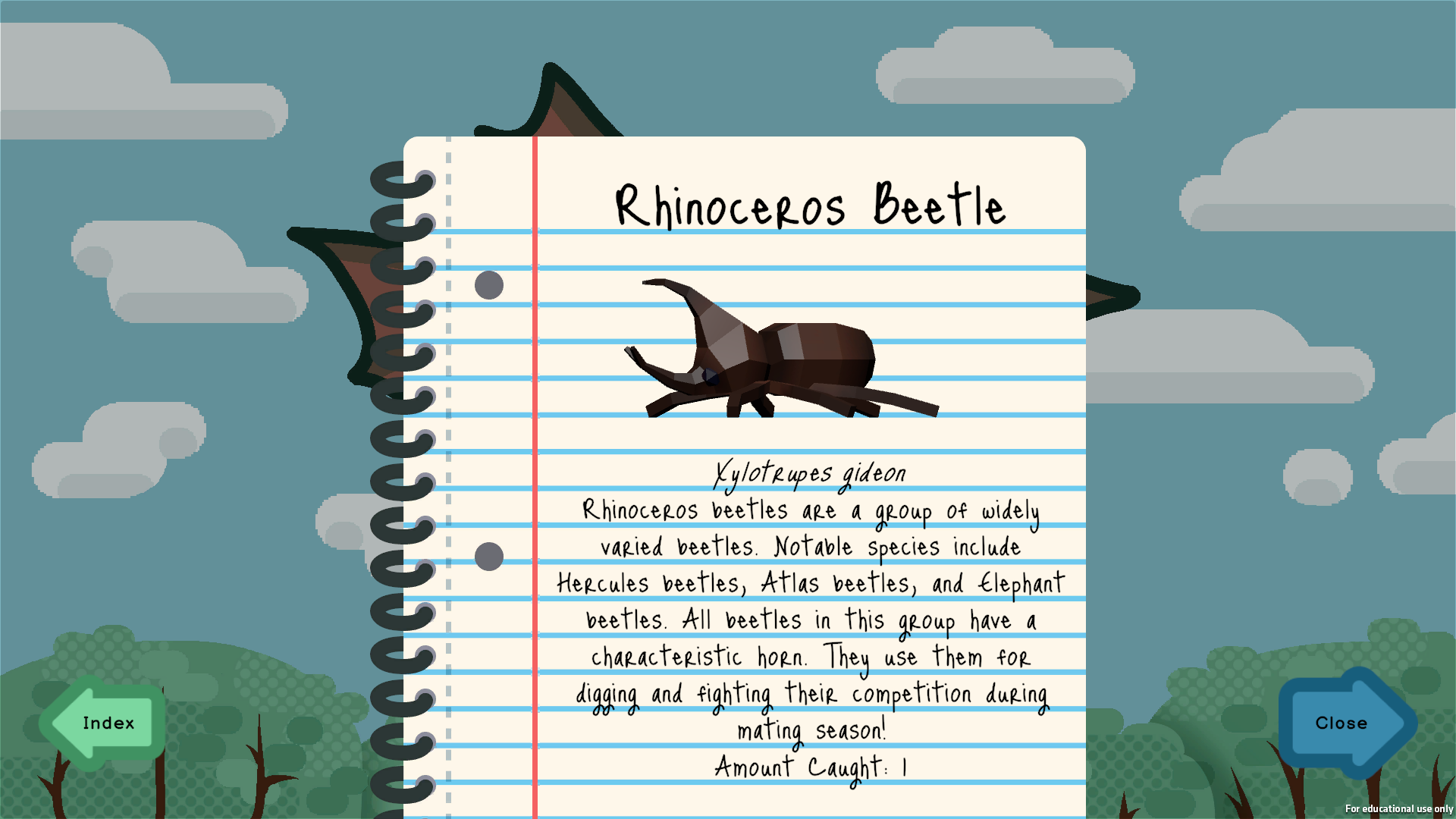 An image of the education section from my game BugFishing