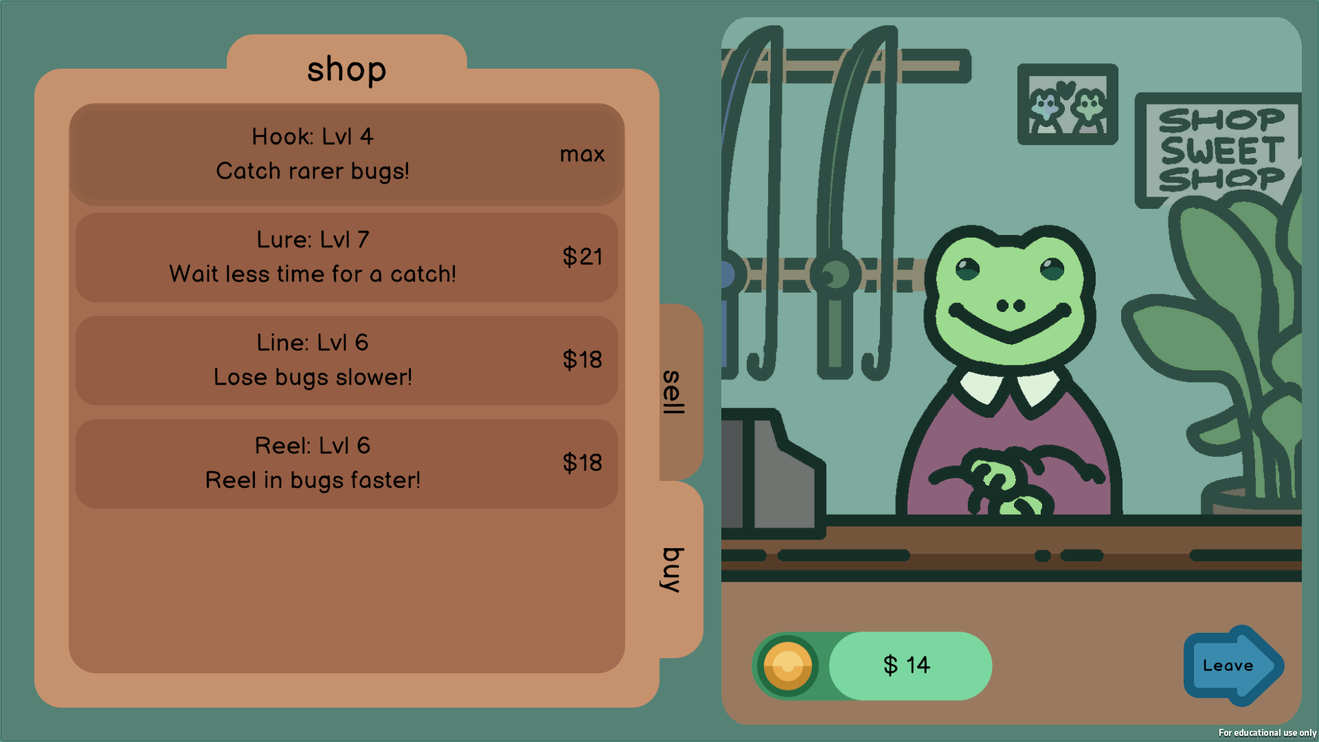 An image of the shop screen from my game BugFishing